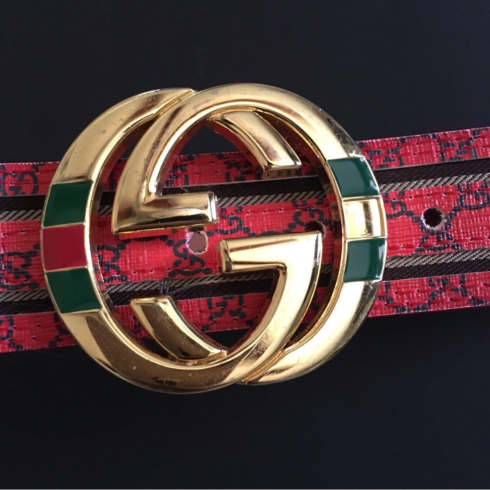 Gucci Leather Belt Red Green Beige Interlocking G Buckle 37-41 Waist - Picture 3 of 16